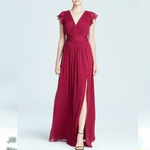 Jill Stuart Gown - V-Neck Flutter Cap Sleeve Silk Chiffon Cranberry size 14